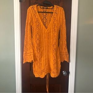 Miss Lola Orange Crochet Long Sleeve Mini Dress sz S